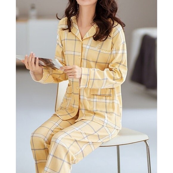100% Cotton Women Pajama Set 2Pcs Long Sleeve Sleepwear Button Down Yellow Plaid - Picture 7 of 9